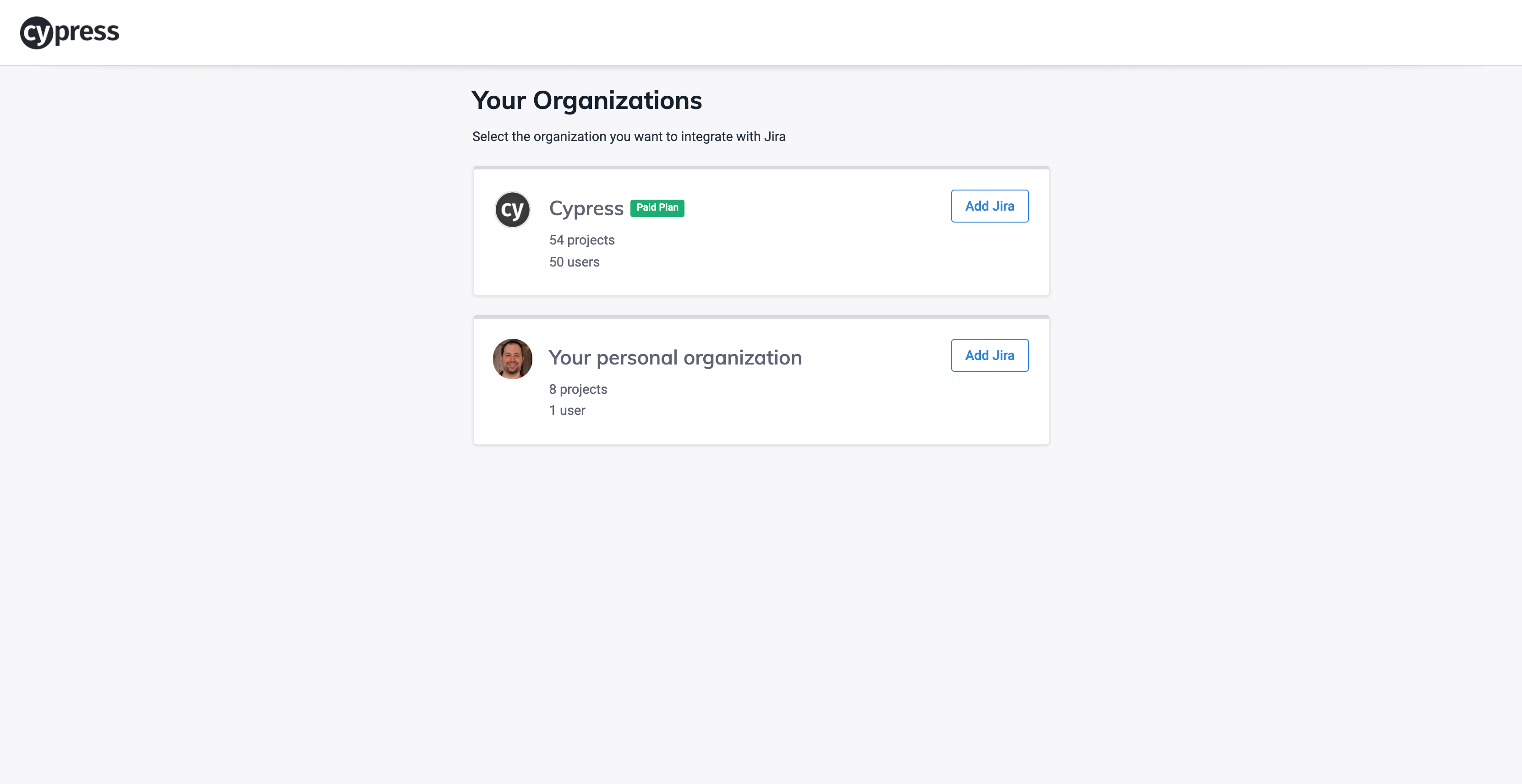 Cypress Dashboard Select Organization for Jira Integration